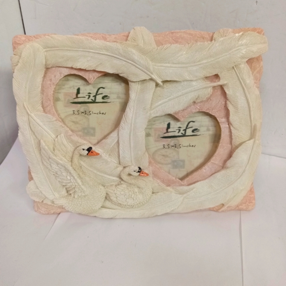 LIFE Handcrafted Double Photo Frame Swans & Feathers Pink & Ivory Heavy Resin